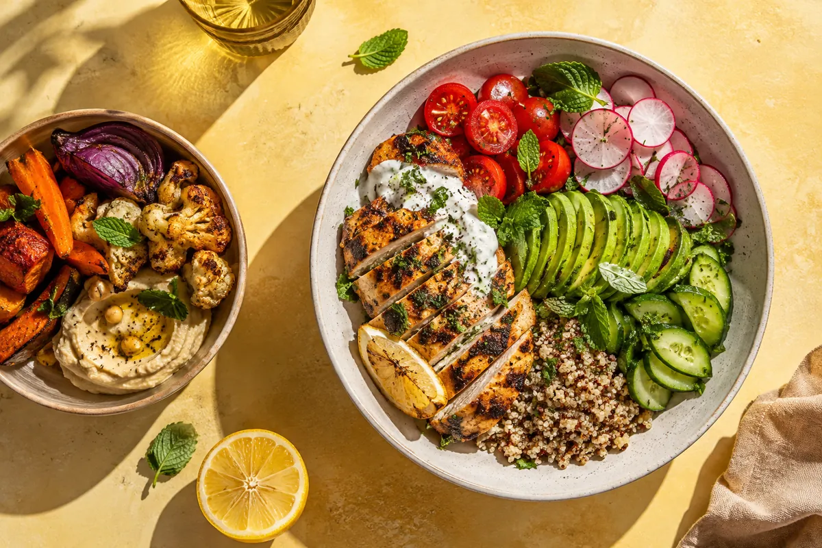A colourful bowl of chicken, avocado, grains and fresh vegetables